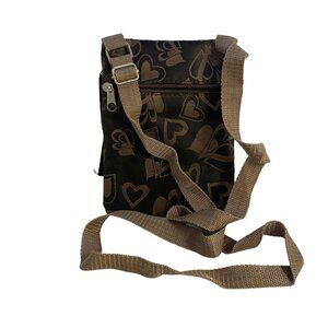 #4552 Brown Hearts shoulder small purse snaps zippers good condition  7x5x1